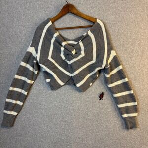 SHEIN Women's Small Striped Knit Twist Front Cropped Sweater Grey White V-Neck